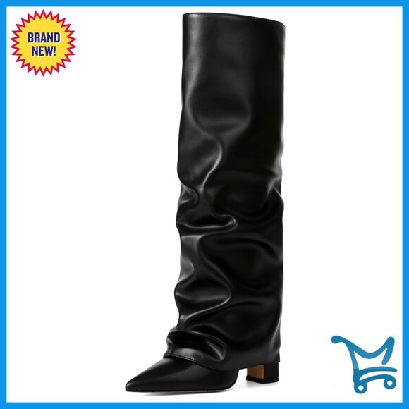 Knee High Boots Pointed Toe Chunky Heel Fold Over Slouchy Style